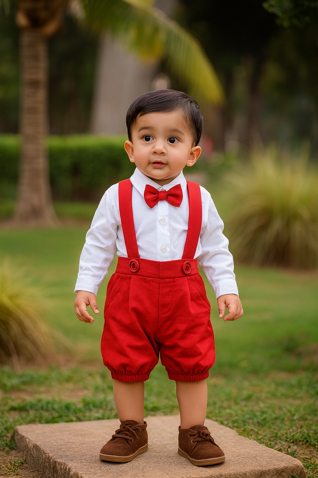 Red and white shirt with dungaree