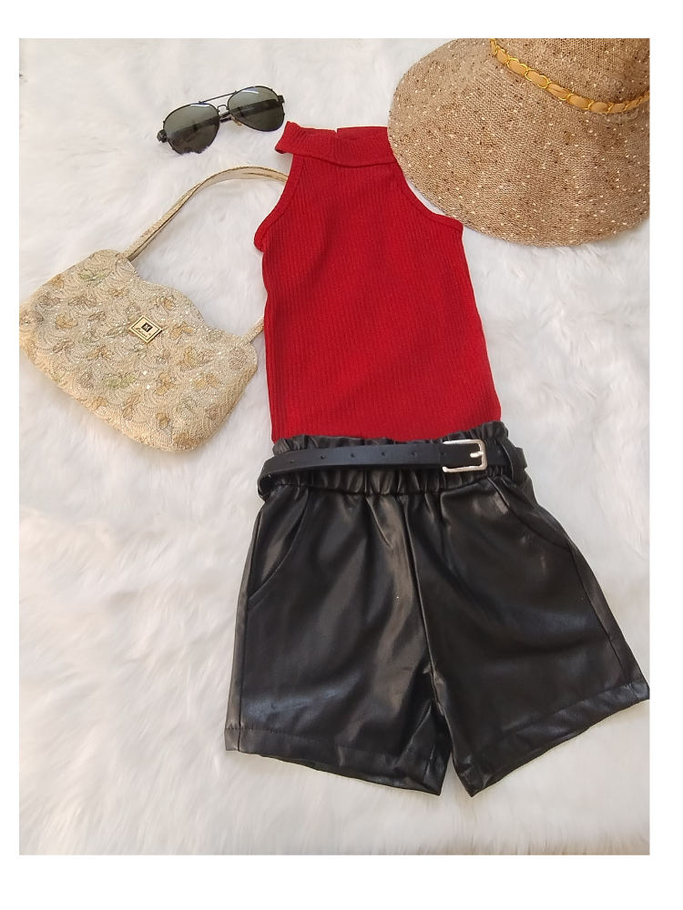 Halter neck top with leather shorts