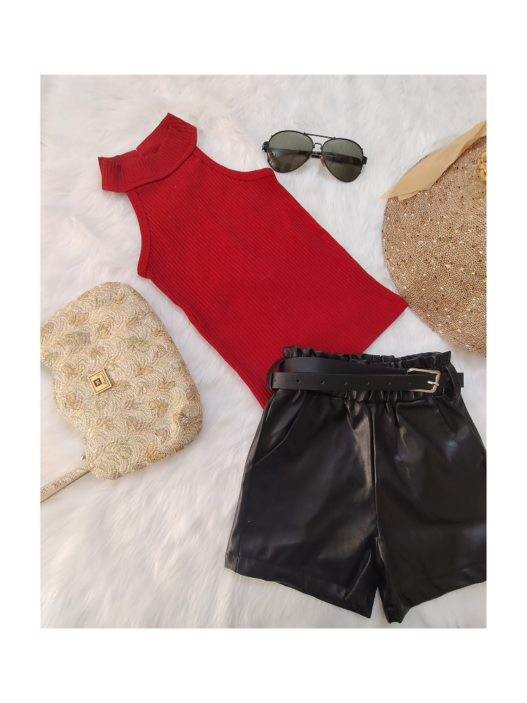 Halter neck top with leather shorts