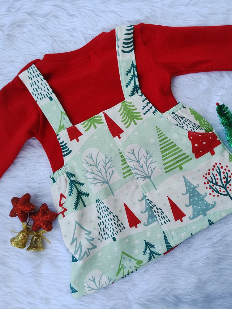 Red and white printed pinafore dress