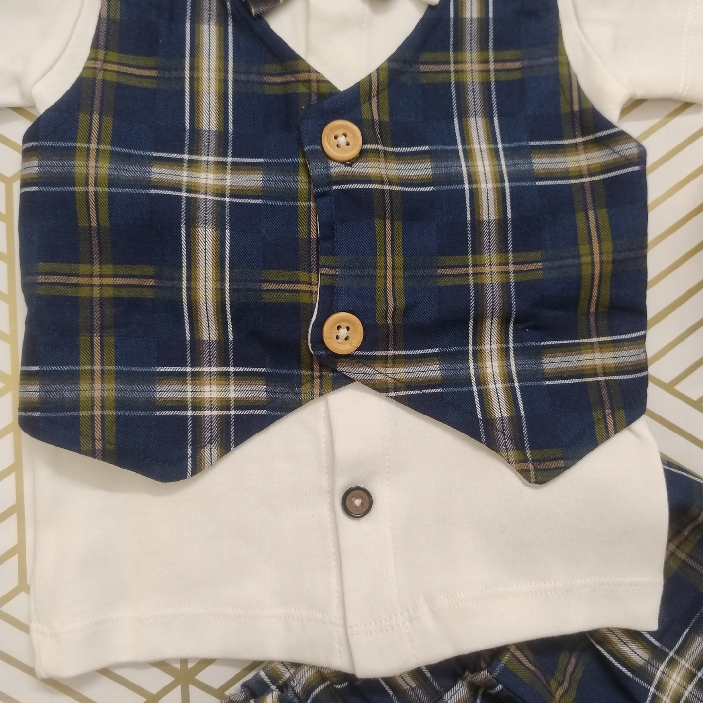 Navyblue checks shirt with waistcoat, shorts and bow