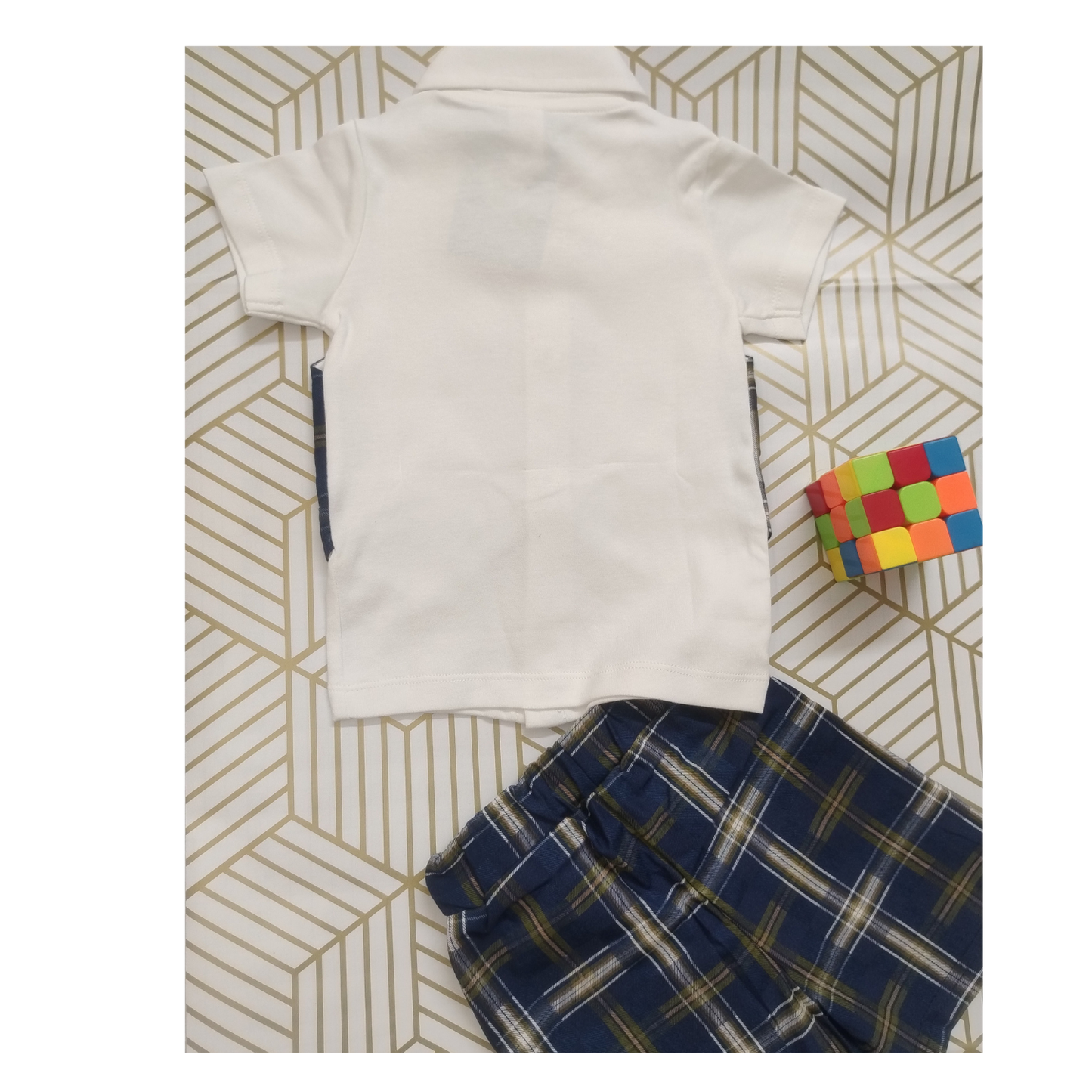 Navyblue checks shirt with waistcoat, shorts and bow