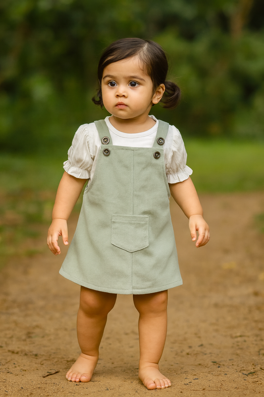 green corduroy pinafore dress