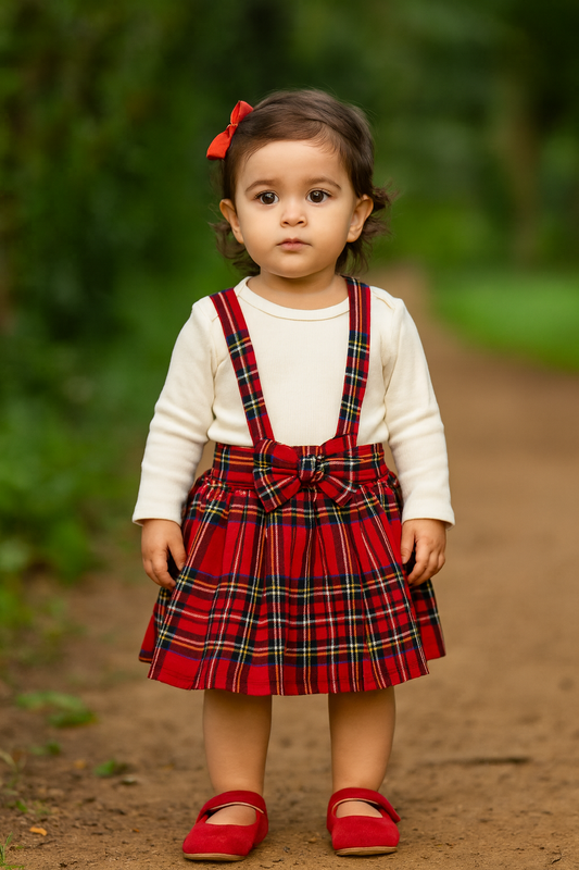 Red and white checks pinafore dress