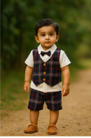 Navyblue  checks shirt with waistcoat, shorts and bow