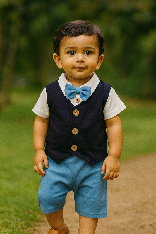 Blue and black dungaree with bow