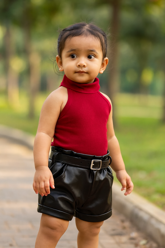Halter neck top with  leather shorts