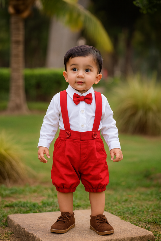 Red and white  shirt with dungaree