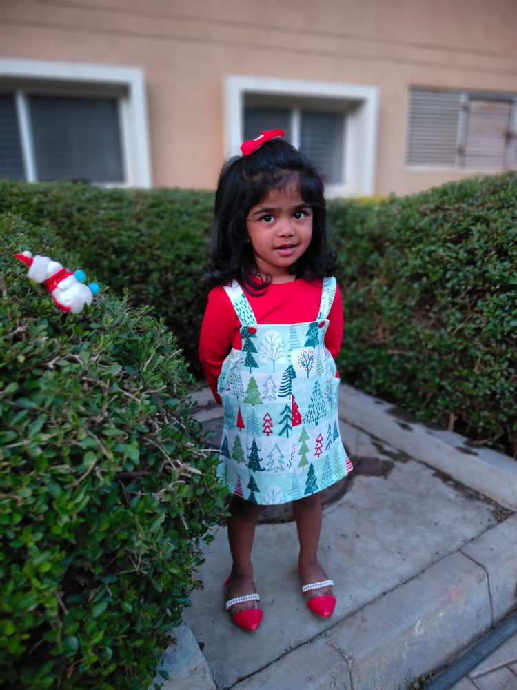 Red and white printed pinafore dress