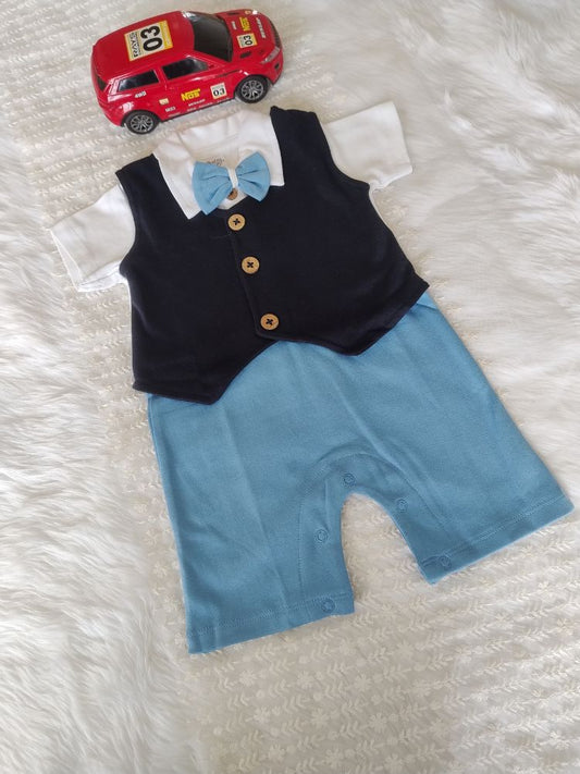 Blue and black dungaree with bow