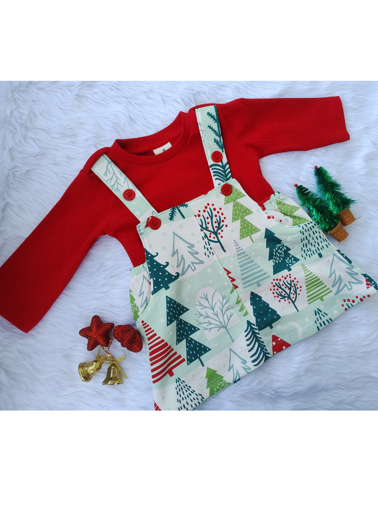 Red and white printed pinafore dress