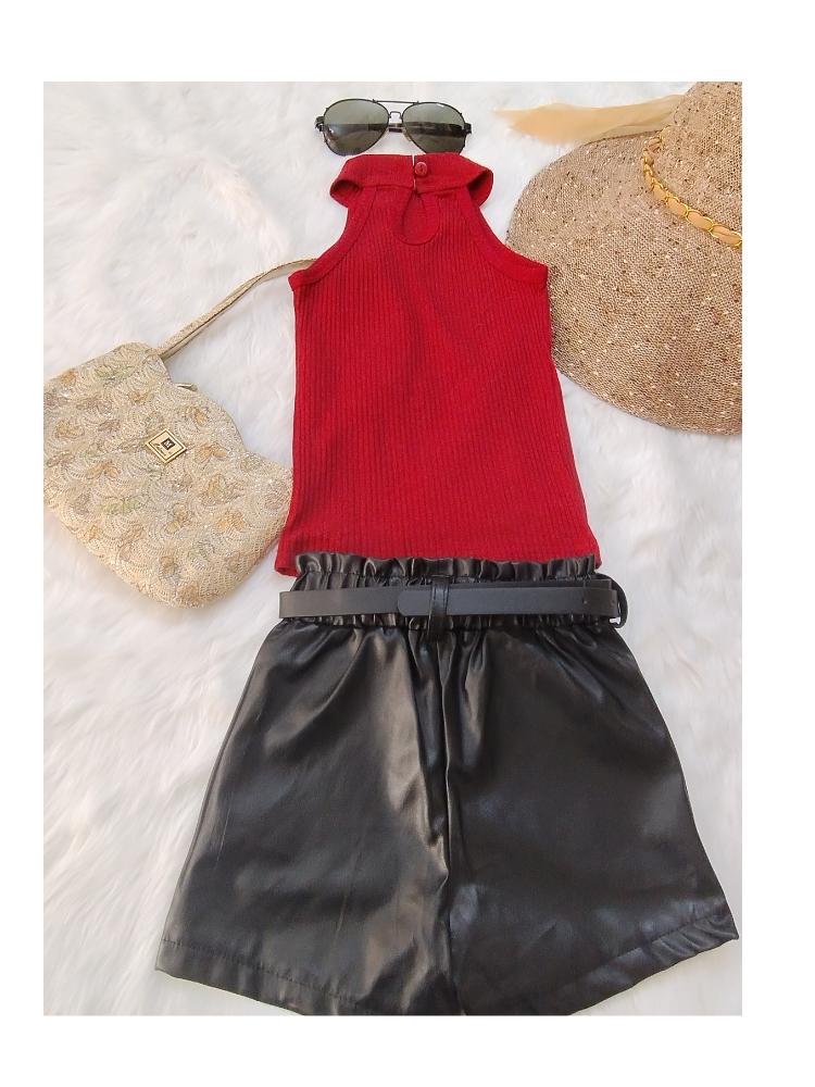 Halter neck top with  leather shorts