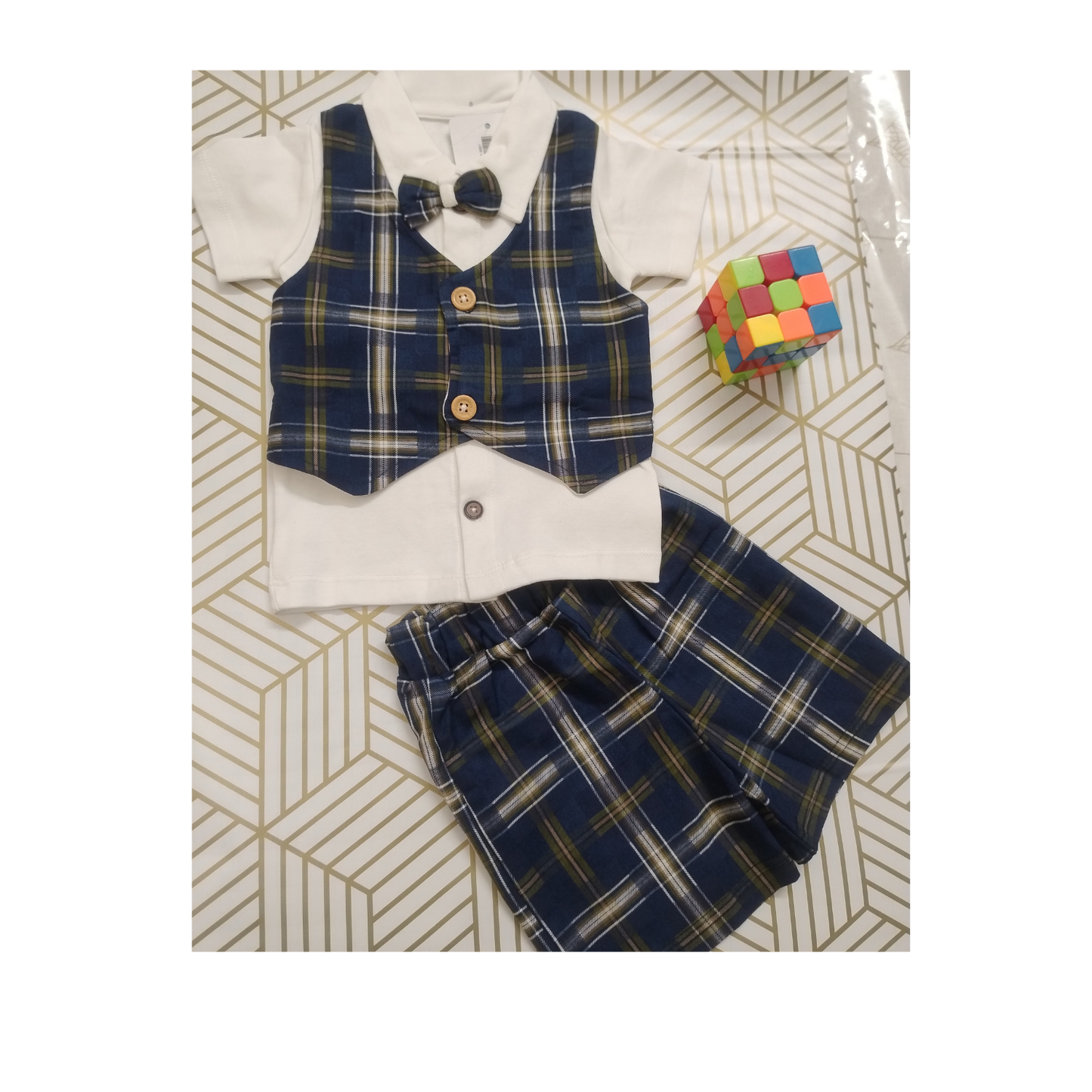 Navyblue  checks shirt with waistcoat, shorts and bow