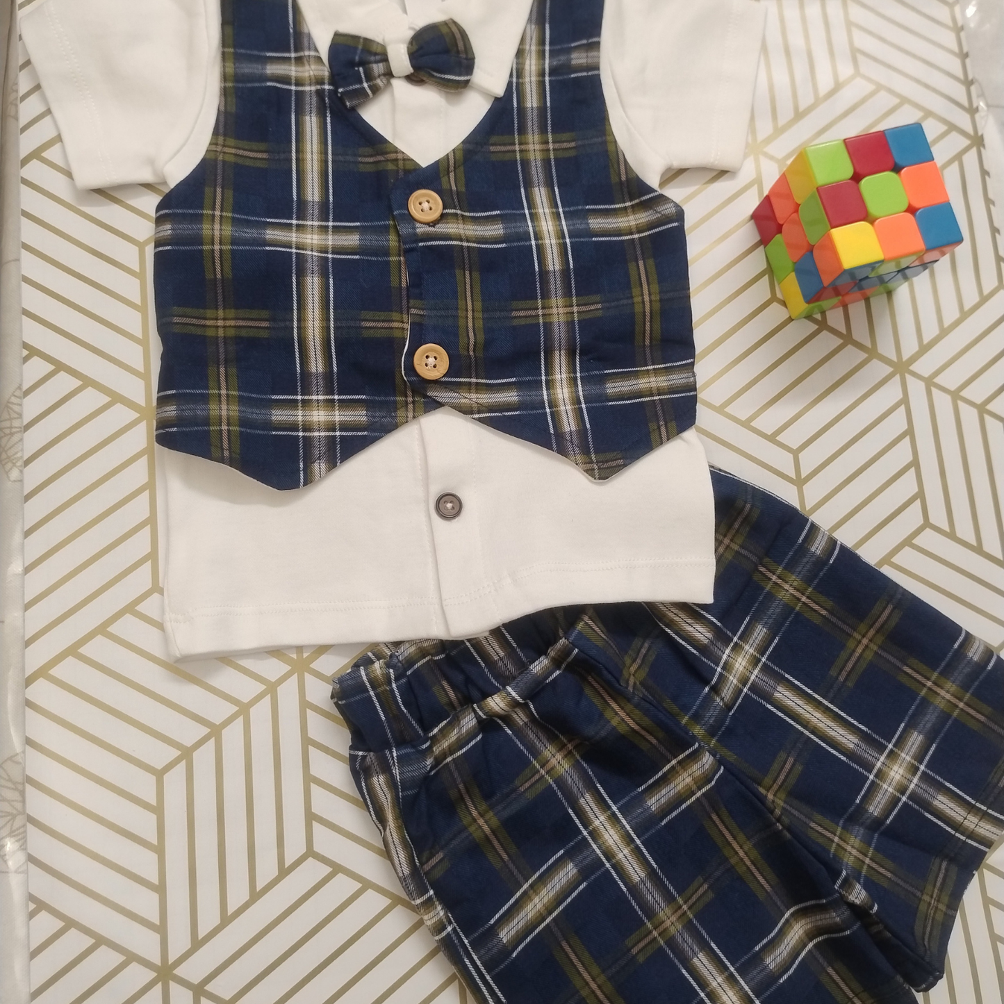 Navyblue  checks shirt with waistcoat, shorts and bow