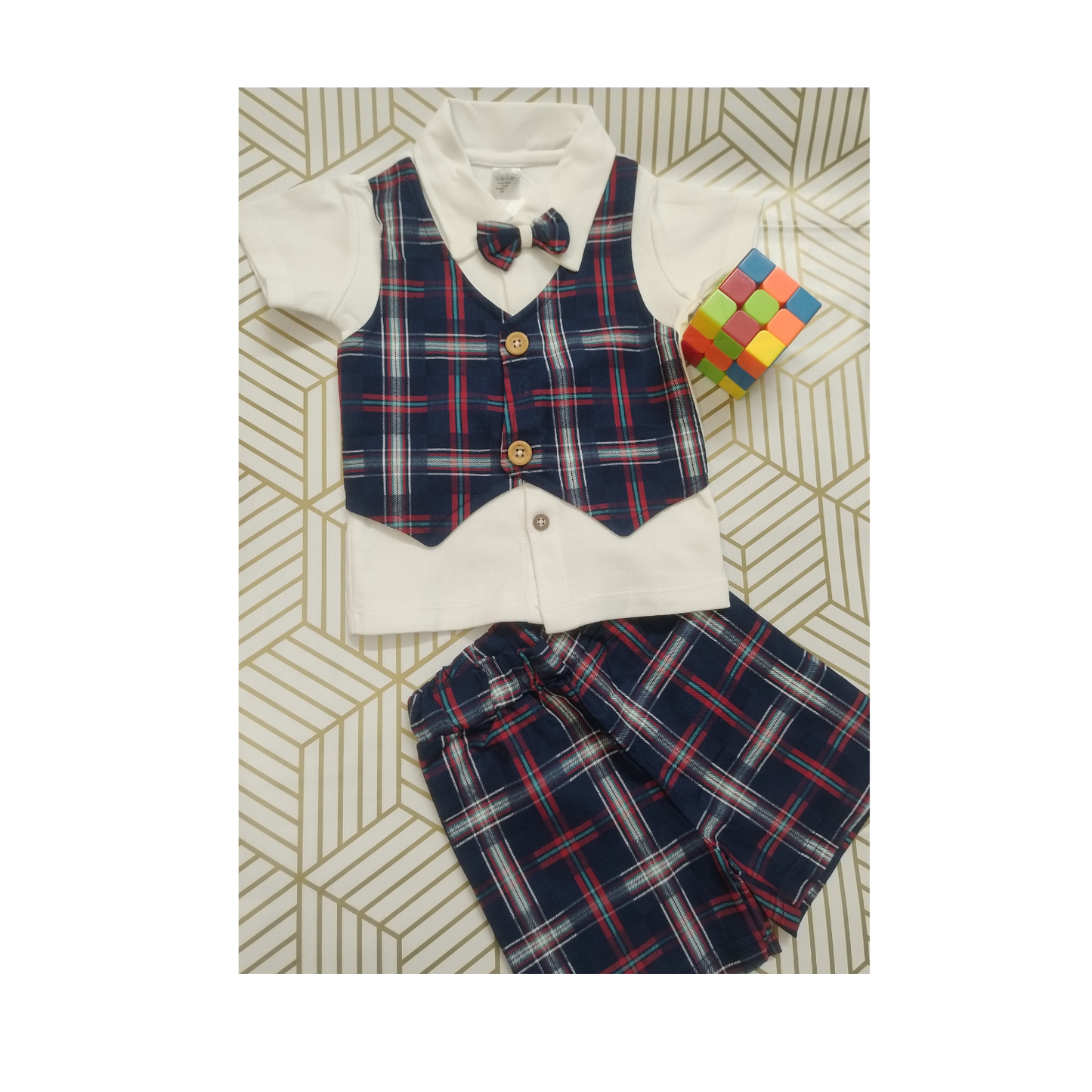 Navyblue  checks shirt with waistcoat, shorts and bow