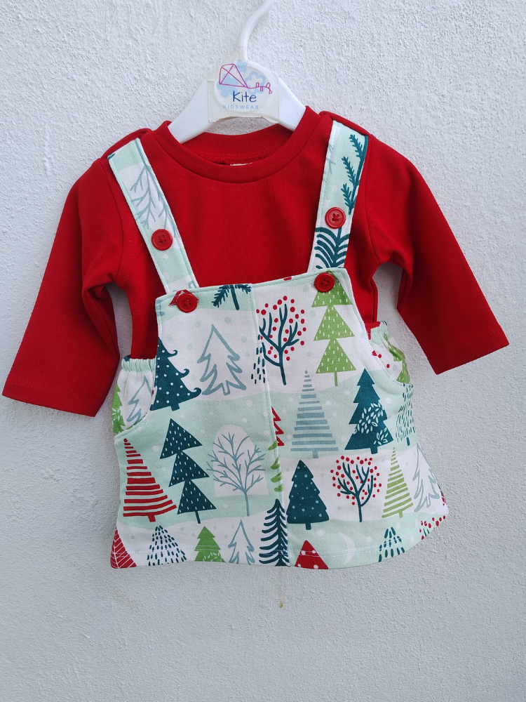 Red and white printed pinafore dress