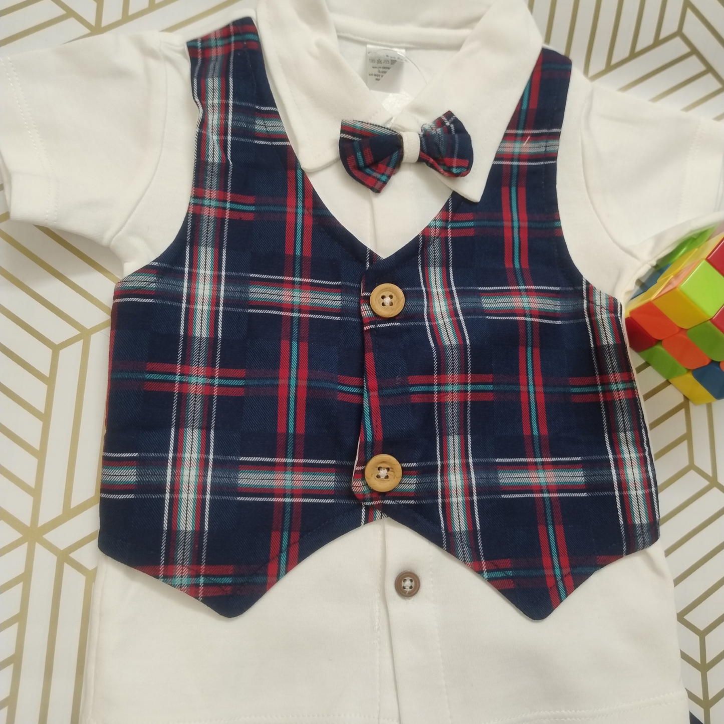 Navyblue  checks shirt with waistcoat, shorts and bow