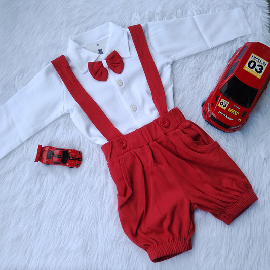 Red and white  shirt with dungaree