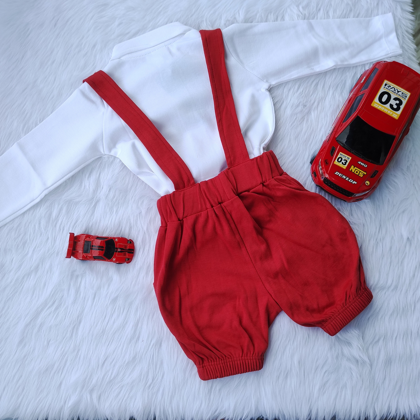 Red and white  shirt with dungaree