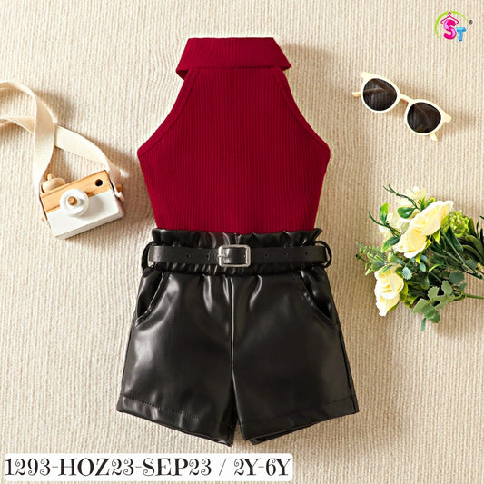 Halter neck top with  leather shorts