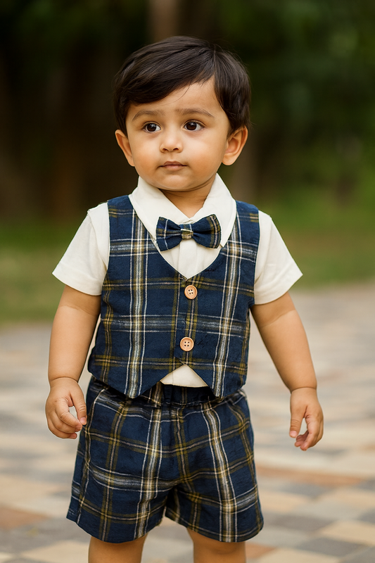 Navyblue  checks shirt with waistcoat, shorts and bow